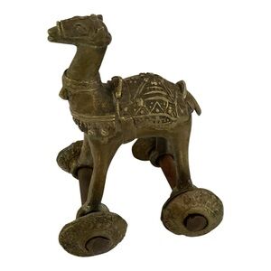 Antique Solid Brass INDIA TEMPLE TOY Rolling CAMEL on WHEELS Trojan Detailed